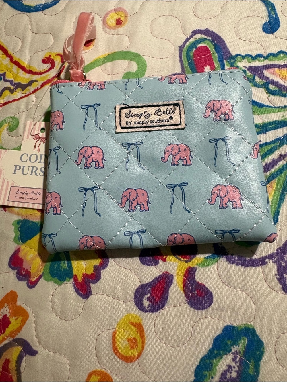 Simply Southern Light Blue Coin Purse with Pink Elephant Print